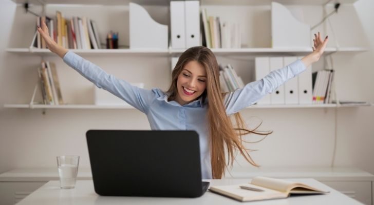 Someone cheering because she's finished work for the week