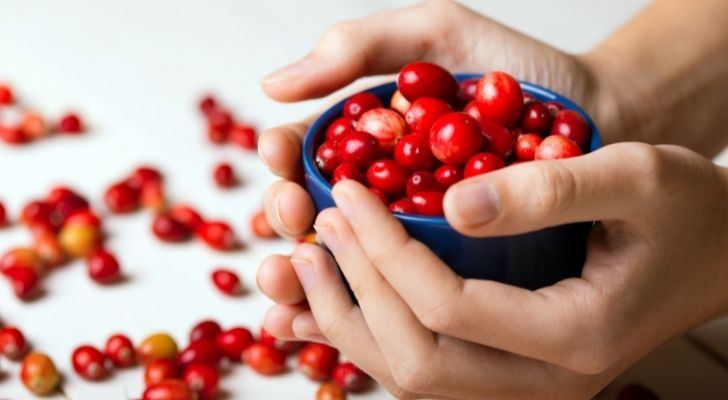 A blue bowl of cranberries