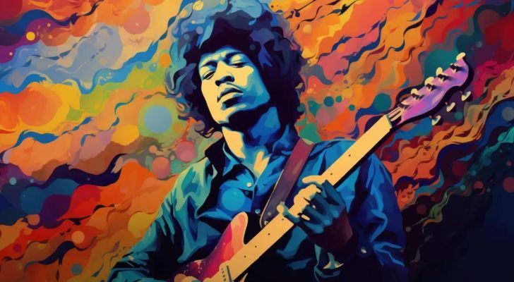 A psychedelic art piece of Jimi Hendrix playing a guitar