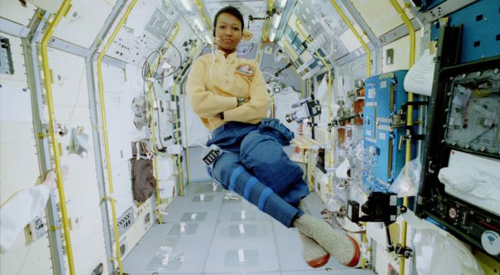 Mae Jemison floating in space inside a space craft