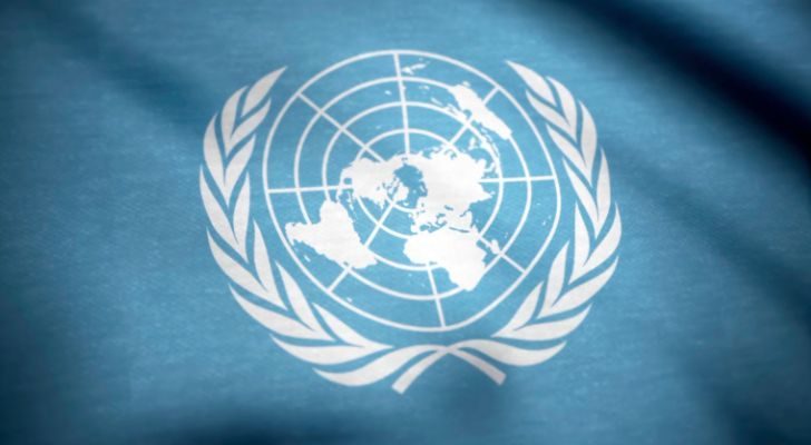 The United Nations logo on a blue flag