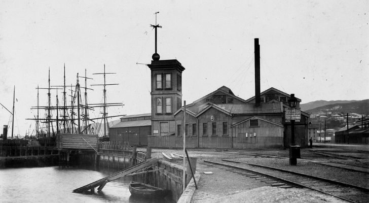 An old dockyard with a time ball placed on the roof of a building