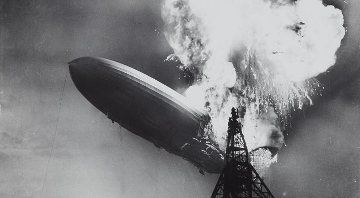 The Hindenburg airship engulfed in a fireball as it burns up