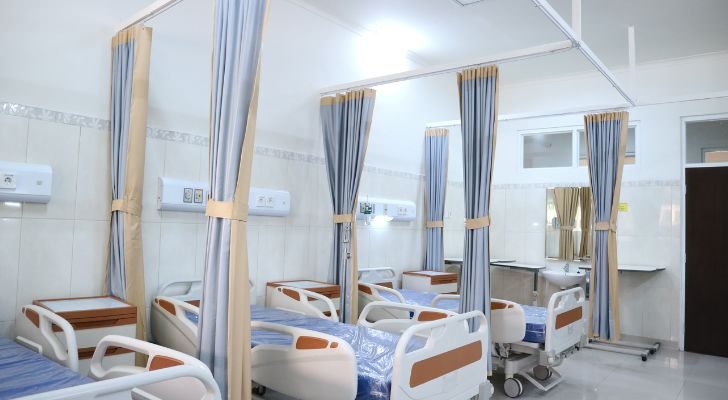 A hospital room with empty beds