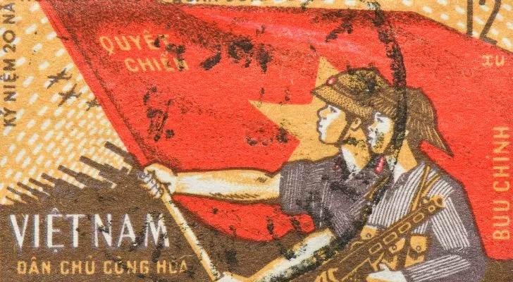 A postage stamp featuring symbols from the Vietnam War