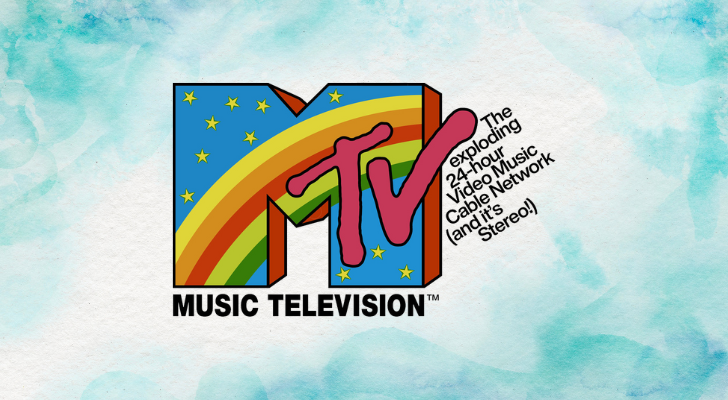 The MTV logo with special rainbow and stars decorations