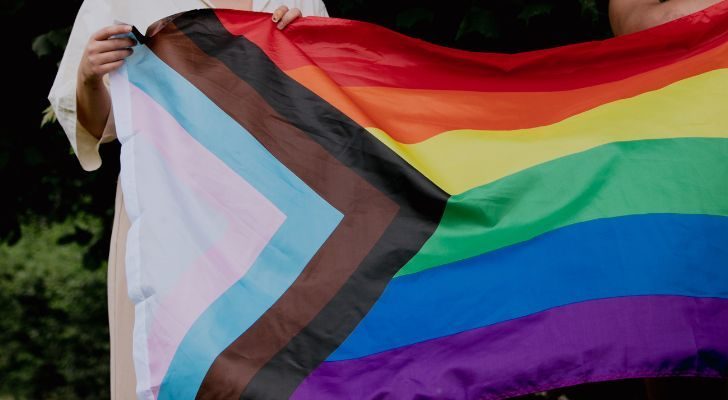 A modern pride flag including black, brown and the colors of the trans flag to symbolise progress