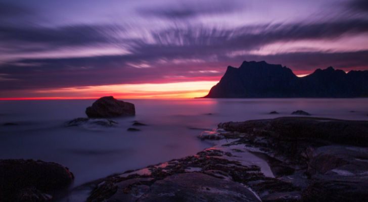 The sun being visible at midnight across a Norwegian landscape