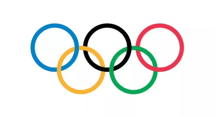 The logo for the Olympic games featuring five interlocked rings of blue, yellow, black, green and red