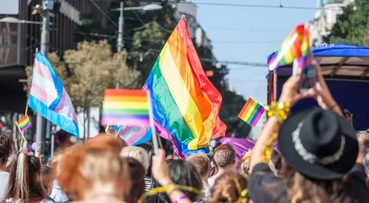 A large crowd of people waving pride flags as part of pride celebrations