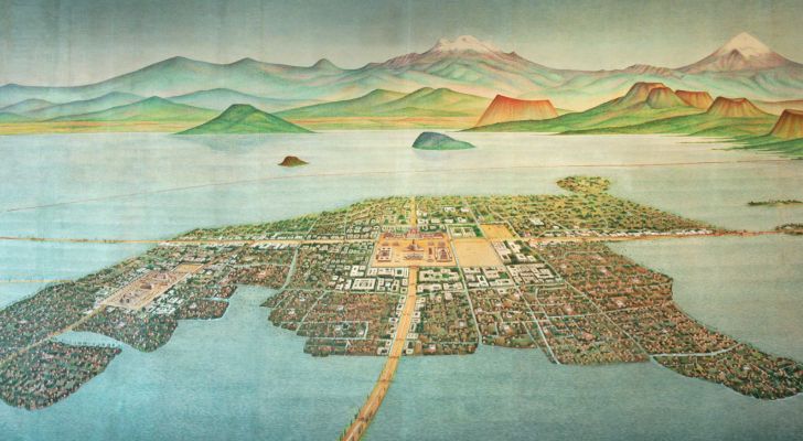 An illustration of Tenochtitlan and Lake Texcoco in 1519