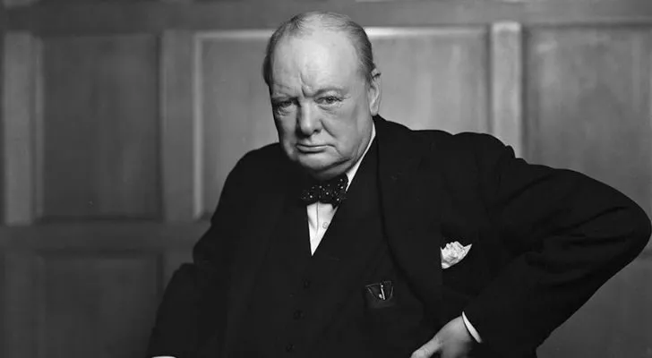 Winston Churchill posing for his famous photograph "The roaring lion"