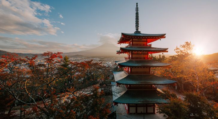 Chureito Pagoda at Fuji Mountain during sunrise