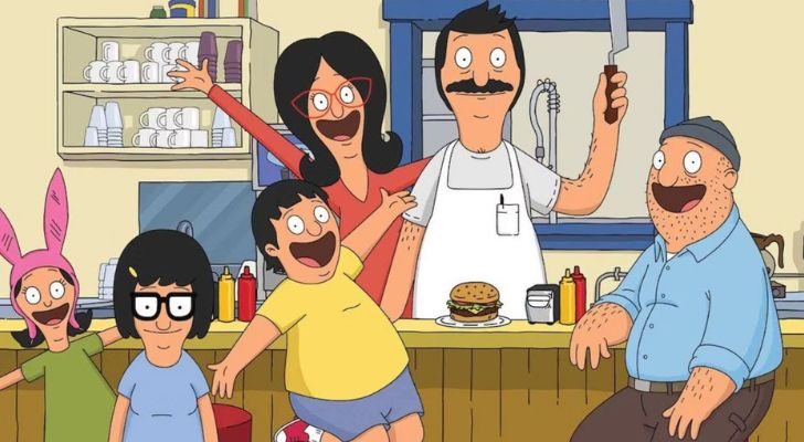 The Belcher Family and their friend Teddy from Bob's Burgers in their restaurant