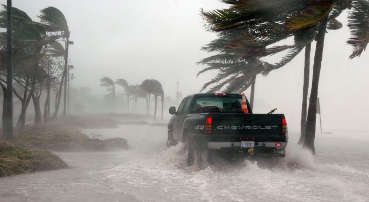 A truck driving through flood water between palms that are being battered by a storm