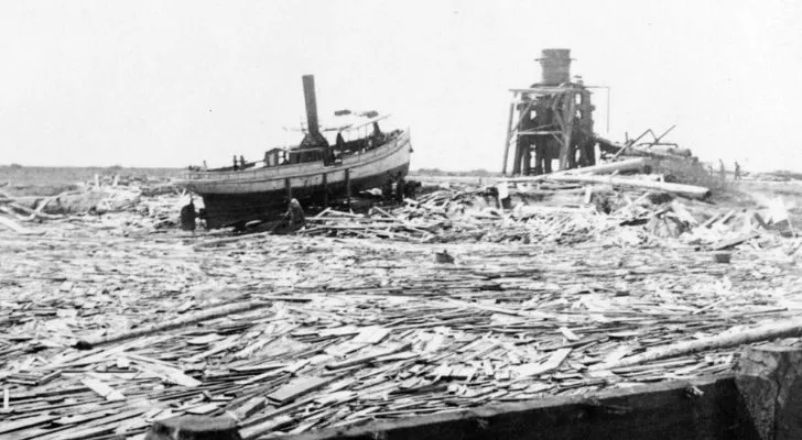 A boat floating on the wreckage of buildings