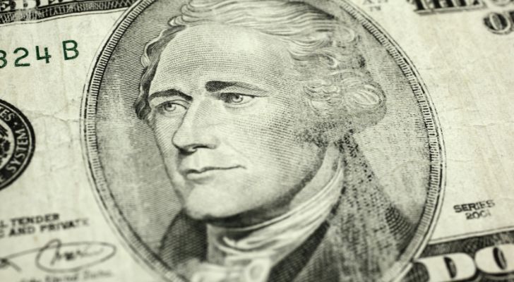 Alexander Hamilton's portrait on a ten dollar bill