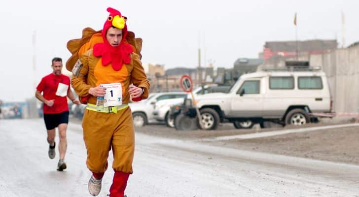 A man in turkey costume participating in a fun run