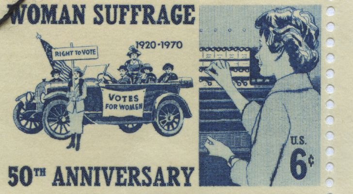 A postal stamp commemorating the 50th anniversary of woman's suffrage