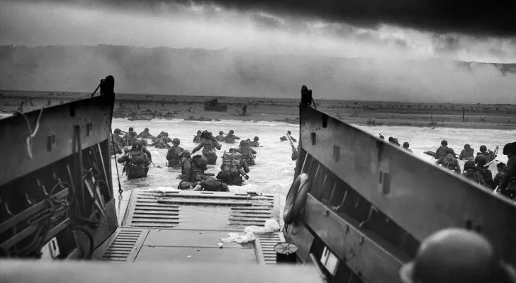 A view from a boat of US G.I.s landing on Omaha Beach during World War II