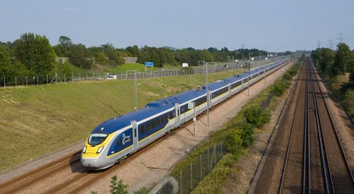 The Eurostar train on the High Speed 1 train tracks in the UK