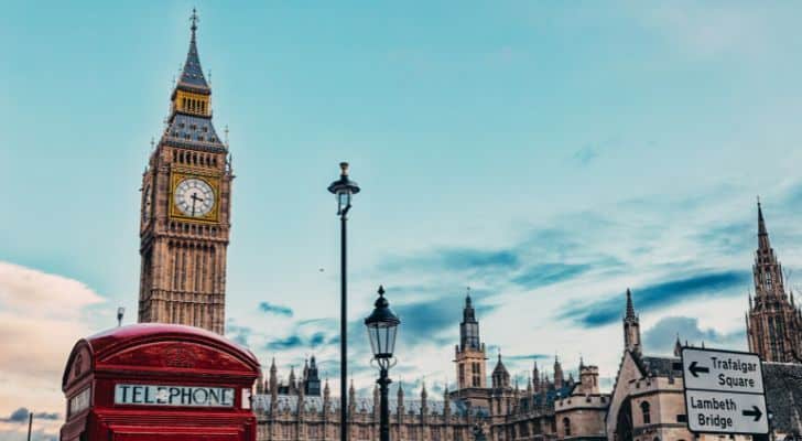 A scenic view of Big Ben with a red London phone booth in the foreground