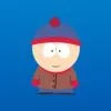 Stan Marsh from South Park wearing his iconic blue and red beanie, brown jacket, red mittens, and blue pants against a blue background.