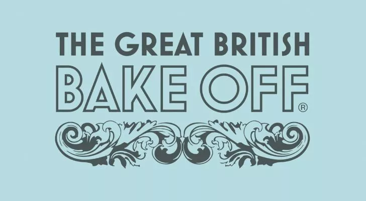 A logo for the "Great British Bake Off" on a blue background