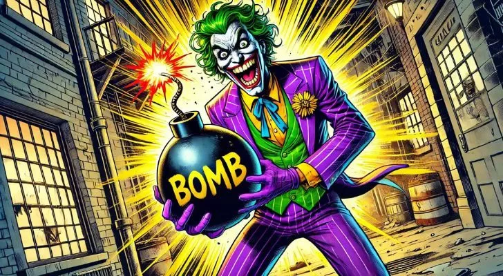 A cartoon depiction of the Joker holding a large bomb with the word "Bomb" written on it