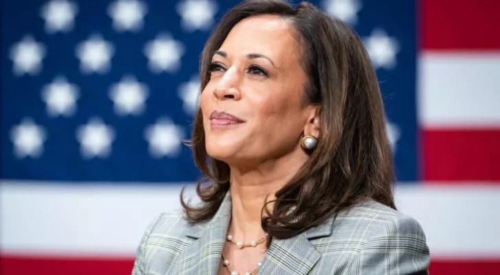 Kamala Harris standing in front of an American flag while smiling