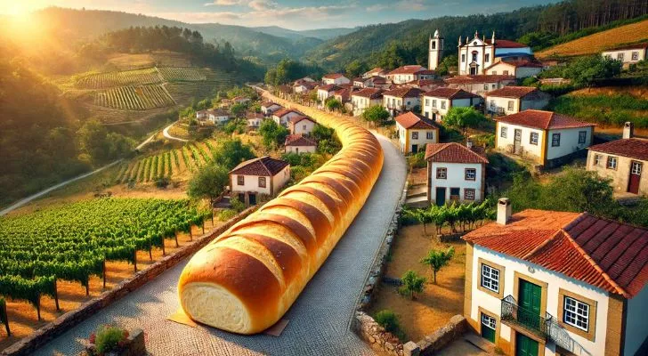 A loaf of bread larger than a house that stretches off into the distance in a small mountain village