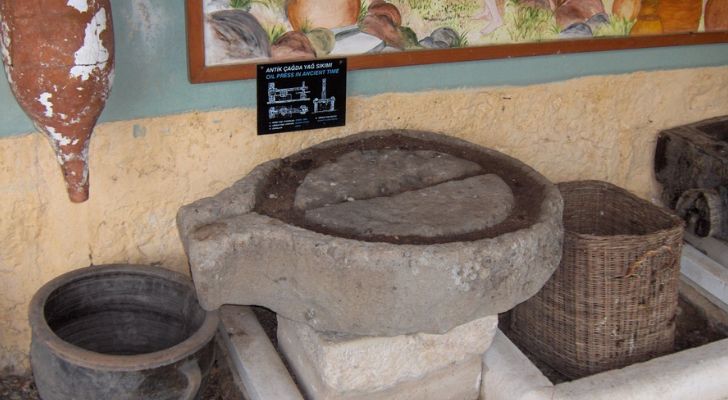 An ancient oil press preserved in a museum in Bodrum, Turkey