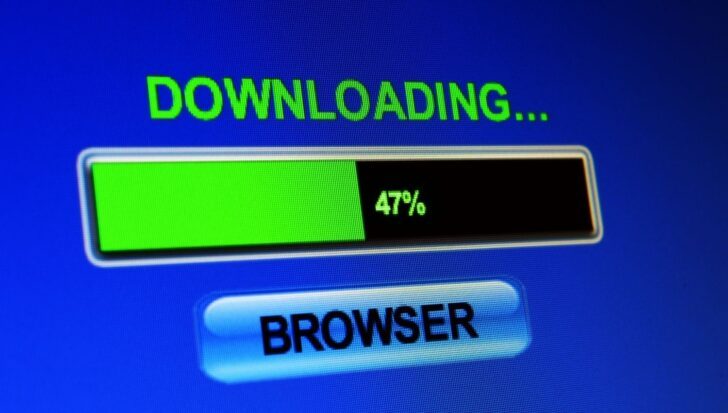 A digital screen showing a downloading progress bar at 47 percent with a browser button below