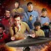 The original Star Trek cast members, including Captain Kirk, Spock, and Uhura, with the USS Enterprise in space