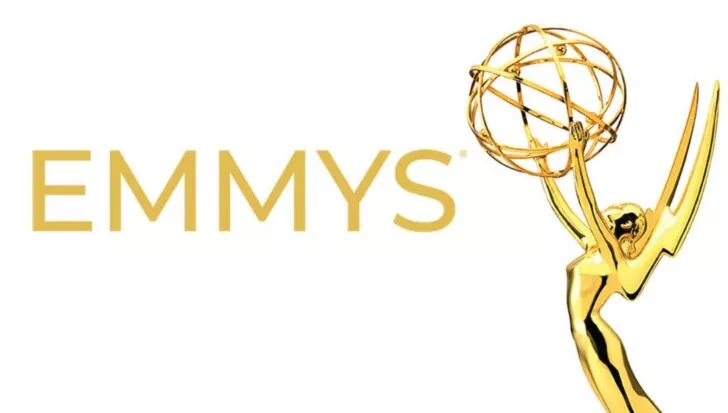 Golden Emmy award statue next to the word Emmys