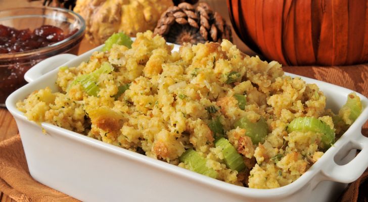 A casserole dish filled with stuffing for thanksgiving