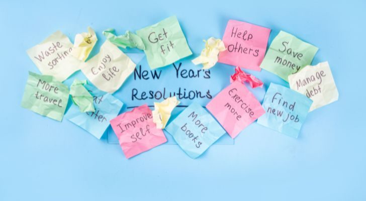 Many different colored stick notes with different New Year's resolutions written on them