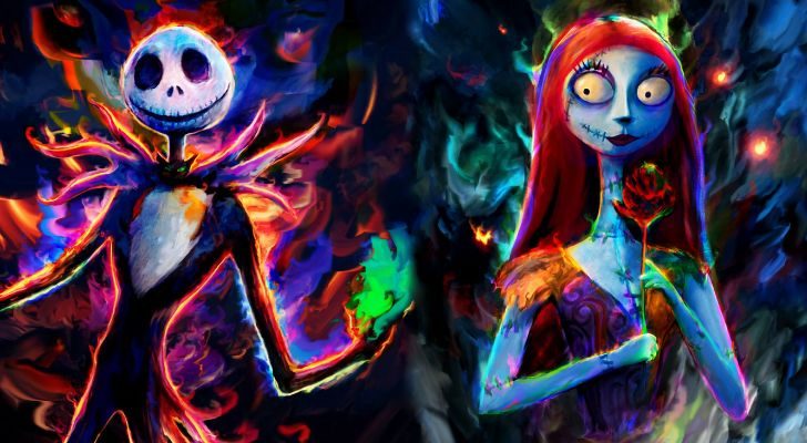 A depiction of Jack Skellington and Sally surrounded by mysterious flames