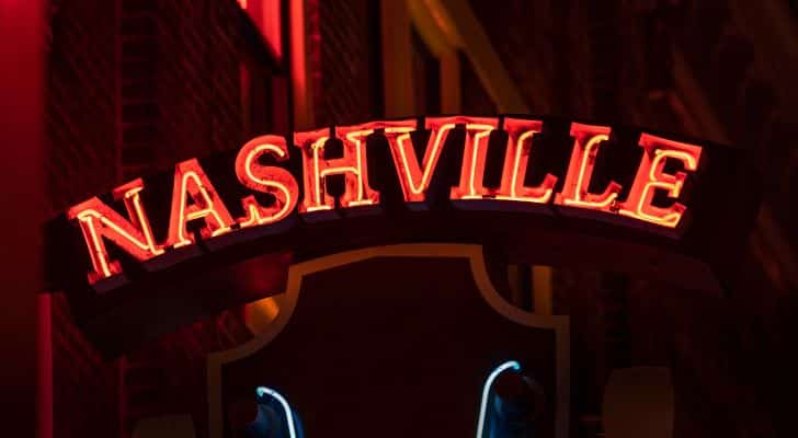 A neon sign reading "Nashville" in Tennessee