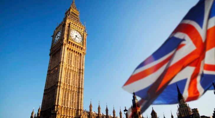 The flag of the United Kingdom flying in front of Elizabeth Tower in London