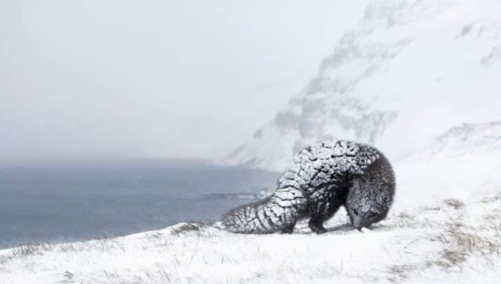 An Arctic fox with snow-covered fur walks in a snowy landscape near a body of water