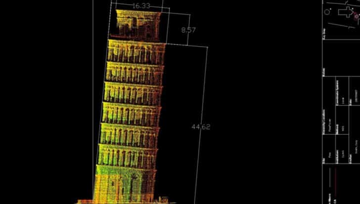 Colored digital rendering of the Leaning Tower of Pisa with measurements indicating its lean