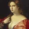 Francesca Caccini in historical attire with intricate hair styling and a red and white dress