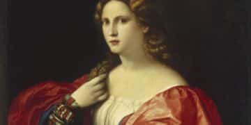 Francesca Caccini in historical attire with intricate hair styling and a red and white dress