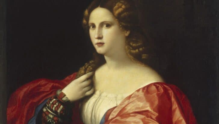 Francesca Caccini in historical attire with intricate hair styling and a red and white dress