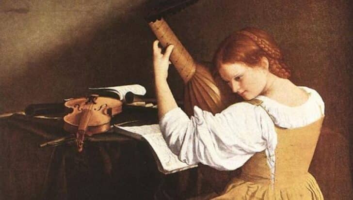 Francesca Caccini playing a string instrument next to a violin on a table with sheet music