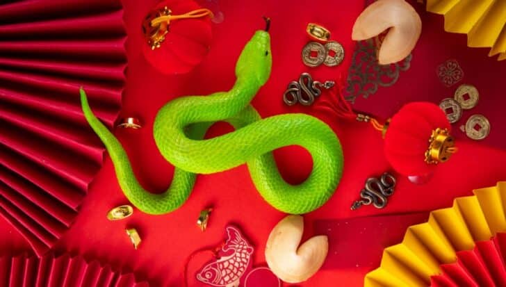 Green snake surrounded by traditional Chinese decorations including lanterns, coins, fortune cookies, and red and yellow folded paper fans