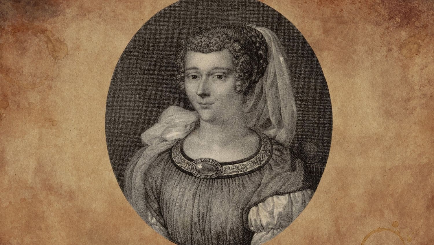 Portrait of Marie de Gournay, wearing a traditional gown with intricate details and a headpiece, set against an aged background