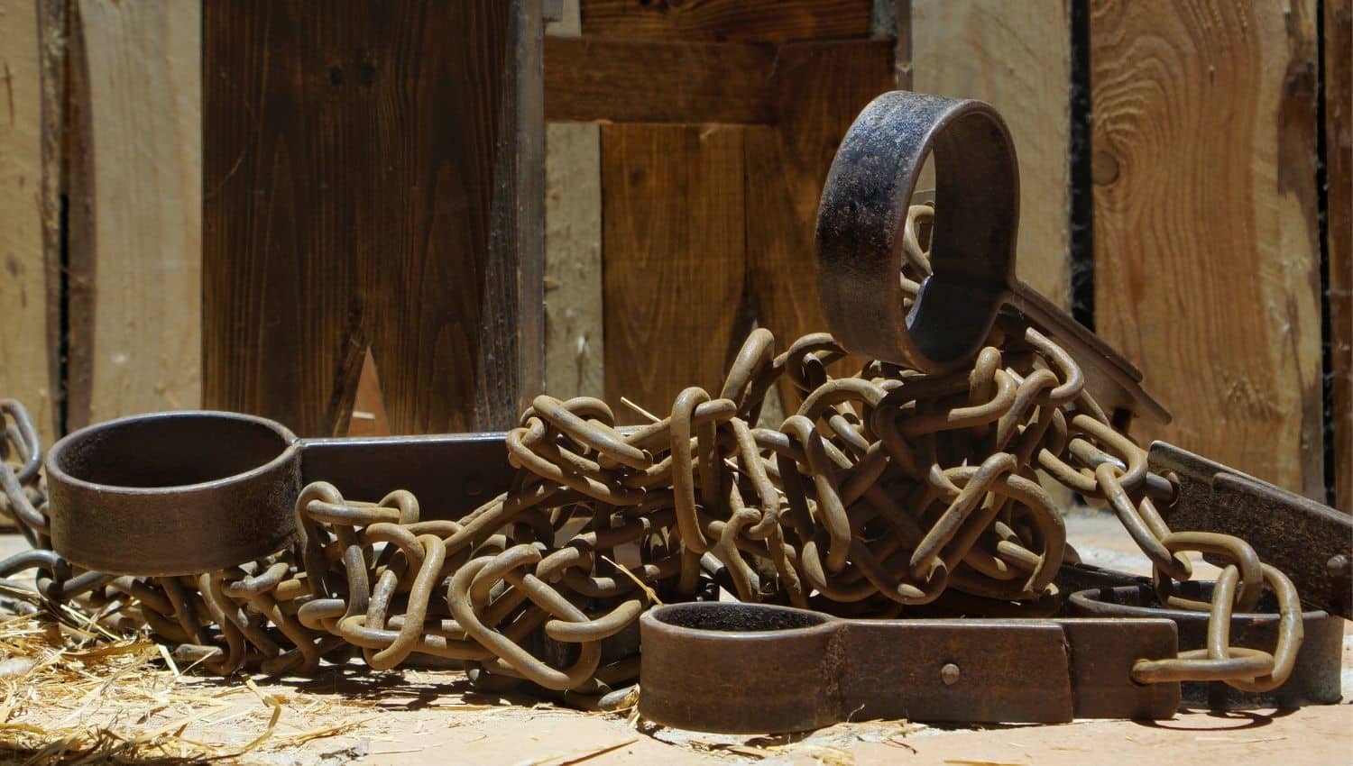 Rusty chains and shackles on the ground, symbolizing the experience of Mary Prince, the first black woman to write about her life as a slave