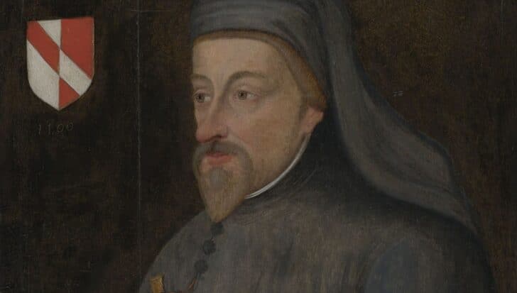 Portrait of Geoffrey Chaucer wearing a dark robe and headdress, with a red and white shield emblem to the side